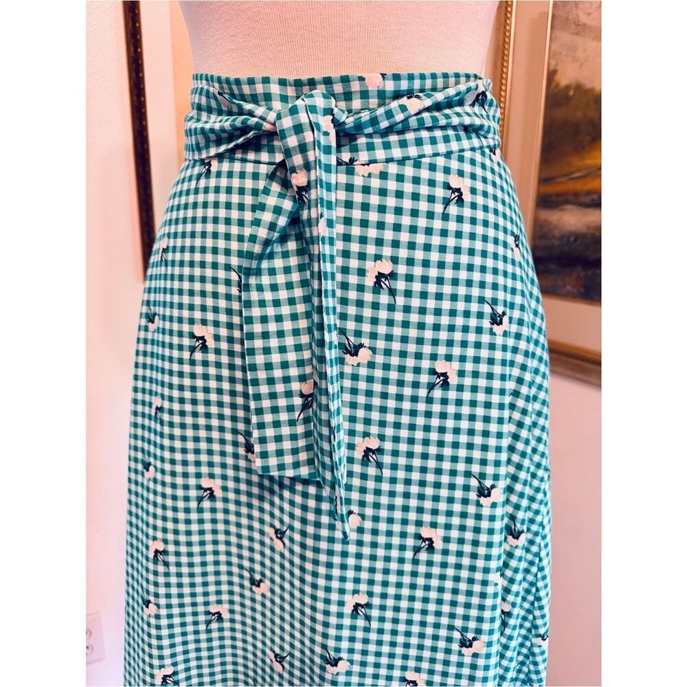 ANN TAYLOR Factory Green/White Checker Floral Tie-Waist Skirt Size 12 - Picture 5 of 15